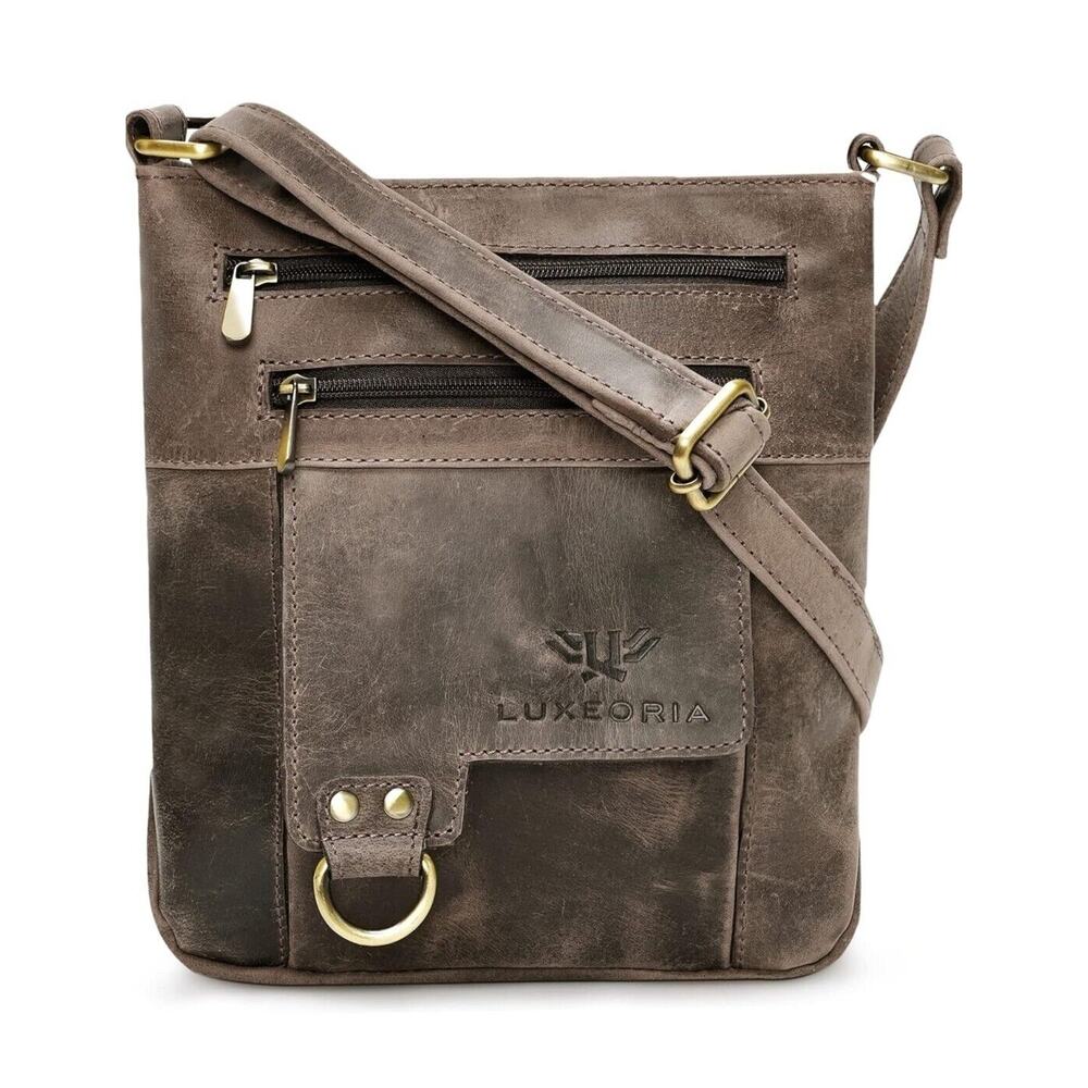 Luxeoria Buffalo Leather Cross Body Bag 4 Pocket Unisex Color Hunter Camel